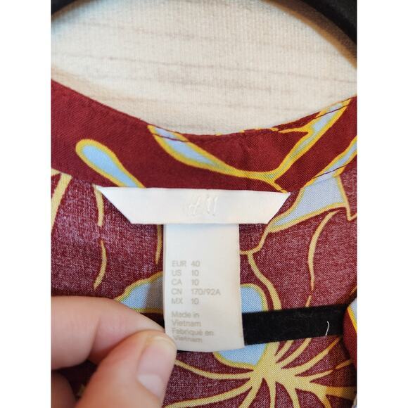 H.M Womens Red Blue Floral Leaf Tropical Print V-Neck Short Sleeve Mini Dress 10 - Picture 3 of 6